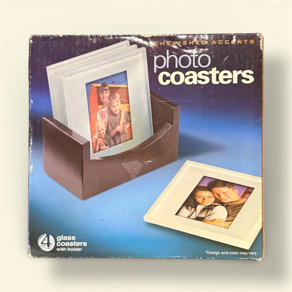 Vintage Cherished Accents 4 Photo Coasters Glass Set with Wood Holder